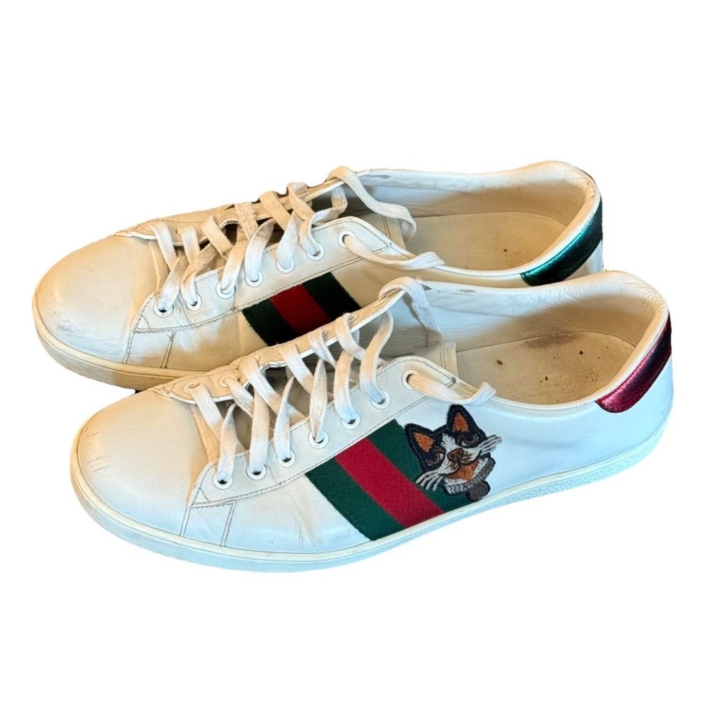 GUCCI White Sneakers with Dog Patch and Red Green Stripes
